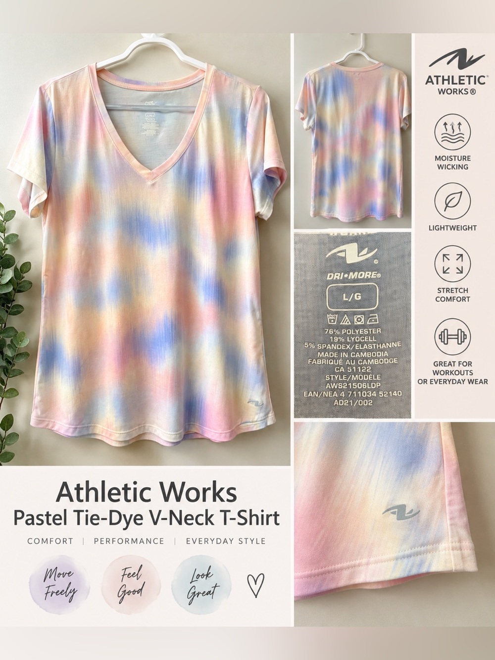 Athletic Works DRI•MORE Pastel Tie-Dye V-Neck Athletic Top Size L